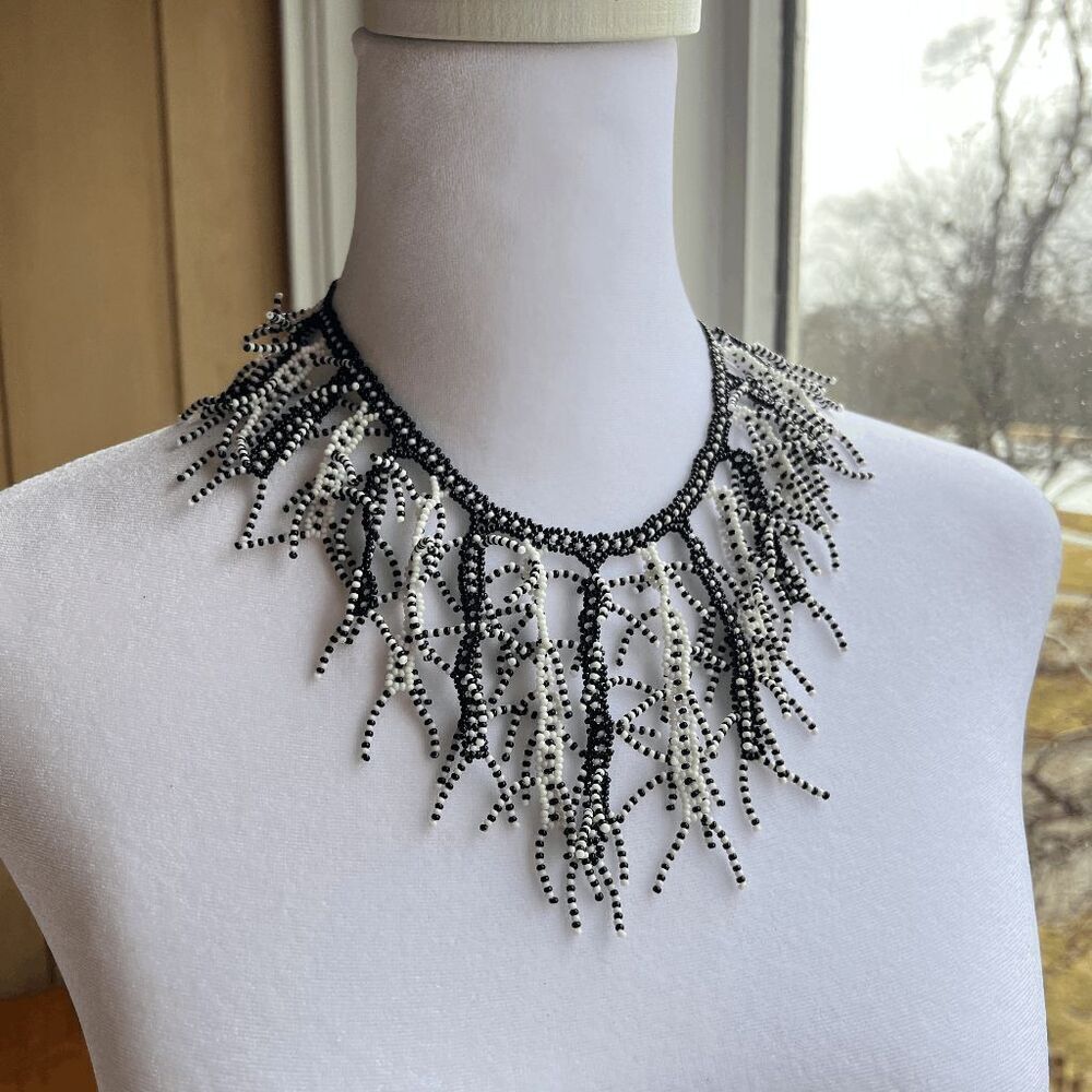 VTG Handmade Seed Bead Coral Fringe Statement Necklace Black White Boho Artwear